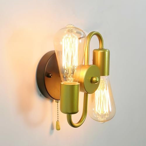 Wandlampe Glas Schirm Doppel Wandleuchte Innen mit Zugschnur Schalter Flur Wohnzimmer E27 Metall Vintage Oben und Unten Wandbeleuchtung Retro Dekorative für Schlafzimmer Esszimmer (Gold,1 Stück)
