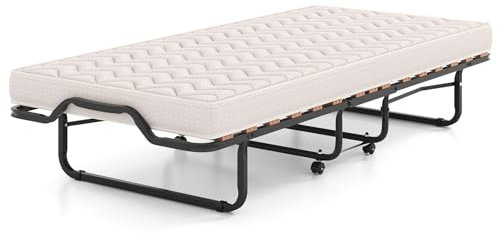 COSTWAY Letto Brandina Pieghevole, con Materasso in Memory Foam 4 Ruote Girevoli, Trapuntatura a Onda con Imbottitura a Doppia Fibra, 200x80x40cm, Made in Italy (Stile 2 Beige)