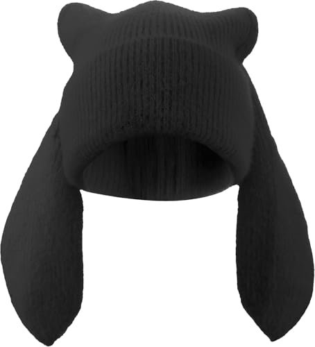 YWTAENOH Bunny Beanie Mützen für Damen, Kaninchen, Häkelmütze, Wintermütze, warme Totenkopfmütze, Outdoor-Ski-Strickmütze, Schwarz , Einheitsgröße