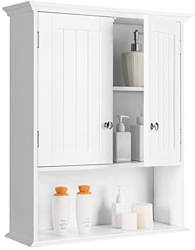 FANTASK Hängeschrank Medizinschrank, Wandschrank mit Doppeltür, Badschrank Küchenschrank Unterschrank mit Einstellbarer Ablage, Weiß