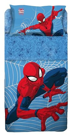 Set Lenzuolo Copriletto Singolo Spiderman 100% Cotone, Completo Letto Copriletto, Lenzuolo da Sopra con Ribaltina + Lenzuolo da Sotto con Angoli + Federa
