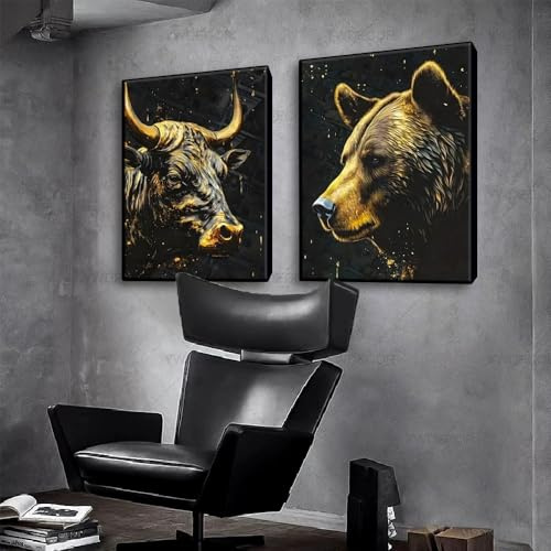 HURCP 2 Stück Schwarz Golden Bull und Bär Tiere Malerei Leinwand Wall Street Börse Poster Für Wohnzimmer Büro Home Wanddekoration, 50x70 CM (19,7x27,6 Zoll)