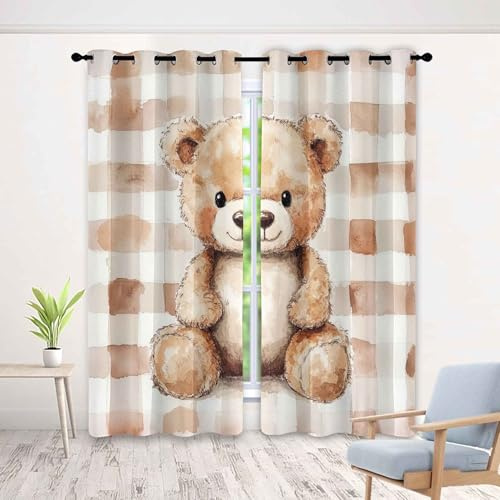 Generisch Süßer Teddybär Gardinen, Aquarell Streifen Vorhänge mit Muster, Blickdicht Thermo Kindervorhänge für Kinderzimmer, Babyzimmer, Vorhang mit Ösen 2 Stück H 245 x B 132 cm