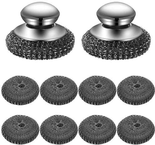 Qixuer Stahlwolle Reinigungsset, 10 Stück Stahlwolle Schrubber(2 magnetische Bürsten mit Kugelkopf und 8 Ersatzbälle), Küchenreinigungswerkzeug zum Reinigen von Geschirr, Pfannen, Grillplatten