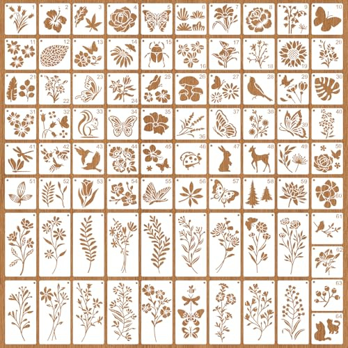 82 Stück Schablonen Set, Blume Blätter Vogel Zeichnung Malschablonen | Wiederverwendbare Malschablonen mit Blumen, Blättern & Tieren für DIY, Möbel Deko Geschenkkarten(7.6x7.6cm&15x7.5cm)