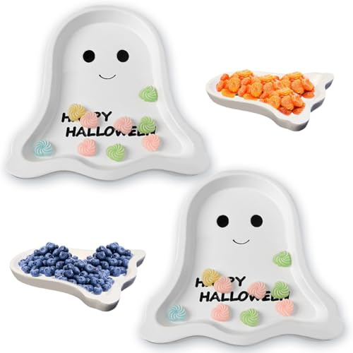 2 Stück Keramik Geisterteller Halloween,Halloween Deko Serviertablett,Halloween Süßigkeitsschüssel Eimer Deko Set Korb Für Süßigkeiten,Schüssel Teller Geschirr Kürbis Schale,Süßigkeiten Serviertablett