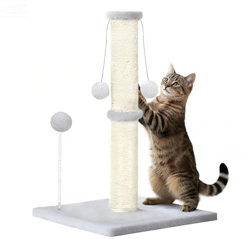 Skylos 51cm Cat Scratching Post for Indoor Cats – Durable Natural Sisal Rope Cat Scratcher Post, Interactive Plush Balls for Indoor Cats Kittens with Stable Base