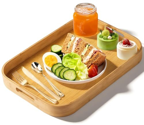 Niuny Serviertablett Groß Holz Bambus Tablett Holztablett Rechteckig Küchentablett Bambus Serviertablett Mit Griffen Bambus Tablett Quadratisch für Lebensmittel Kaffee Wein Kaffee Tee Obst Mahlzeiten