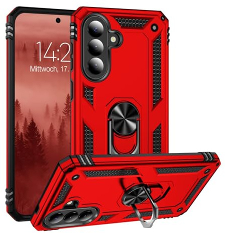 LBH Outdoor Hülle für Samsung Galaxy A57 5G Armor Militär Stoßfest Handyhülle 360 Grad Metal Ring Halter Ständer Schutzhülle für Handyhalterung Auto Magnet Rot