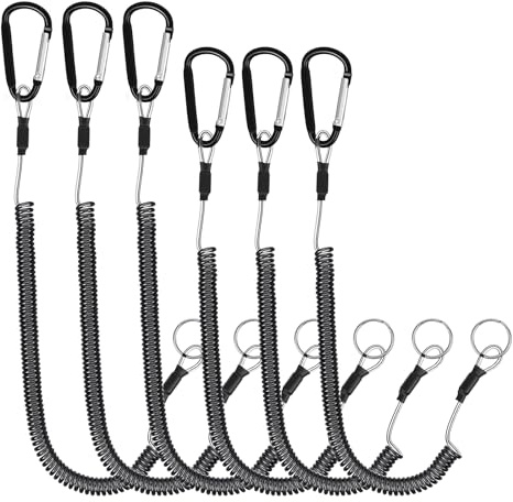 6 Pack Fishing Coiled Lanyard, Retractable Tool Lanyards for Hand Tools Keychain Pole Tether, Kayak Paddle Leash Fishing Rod Safety Steel Wire Lanyards Gear with Carabiner Clips for Pliers Boating
