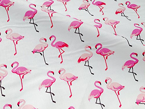 Tissu 100 % popeline de coton avec imprimé oiseau flamant rose - 150 cm de large - Tissu blanc