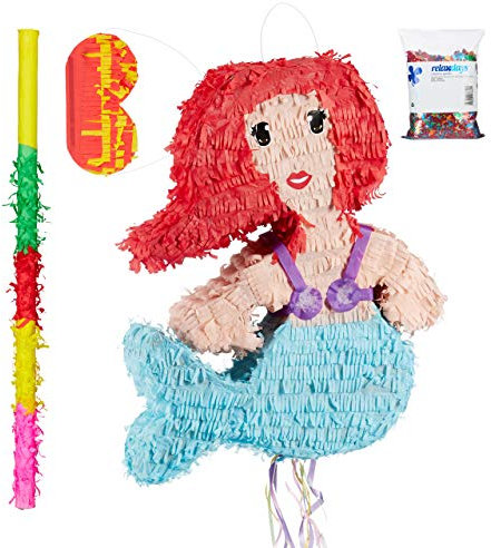 Relaxdays 4 TLG. Pinata Set Meerjungfrau, XXL Konfetti Sack 0,28 kg, Pinatastab & Augenmaske, Piñata, Pinatastock & Maske, bunt