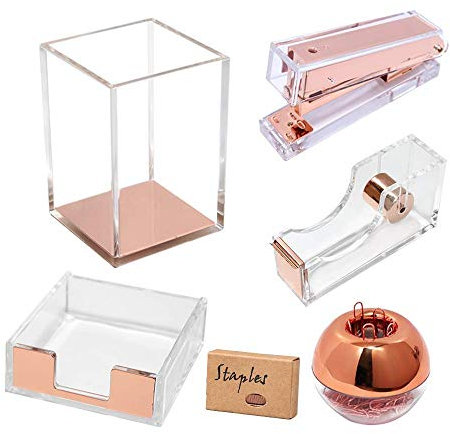 Clear Rose Gold Acrylic Desk Accessories Organizer Set, Tape Dispenser, Stapler 24/6 Staples, Sticky Notes Holder, Magnetic Paper Clips Holder, Pen Pencil Holder, Office Supplies Stationery(Rose Gold)