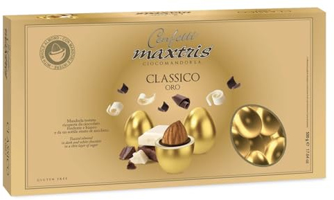 Confetti Maxtris Ciocomandorla Classico Oro, Cioccolato Bianco e Fondente con Mandorle Tostate, Gluten Free, Forma Ovale, Rivestimento Lucido Oro, 500 g