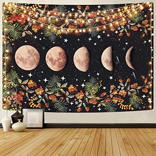 SROOD Moonlit Garden Wall Hanging, Moon Phase Floral Tapestry with Black Background (130cm x 150cm)