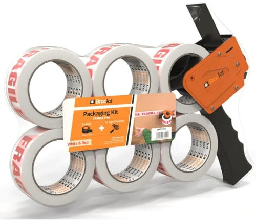 brackit Fragile Tape with Dispenser, 48mm x 66m, Pack of 6 Rolls – Strong Packing Tape for Regular Use or Moving – Easily Seals your Parcels and Boxes