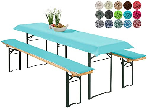 heimtexland ® Bierzeltgarnitur Auflagen Set 3-teilig Tischdecke Bierbankauflage Polster Kissen Biergarnitur Typ698 Aqua für Tischmaß 70x220 cm