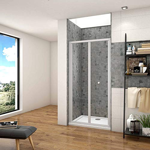 AICA SANITARIOS Mampara de Ducha Frontal Plegable 2 Hoja Cristal Templado 5mm, 90x185cm, Color Claro, Estilo Contemporáneo