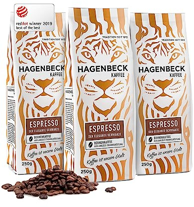 Hagenbeck Espresso 3x250g | Ganze Espresso-Kaffeebohnen | 100% Arabica | Kräftig-würzig | Norddeutsche Trommelröstung