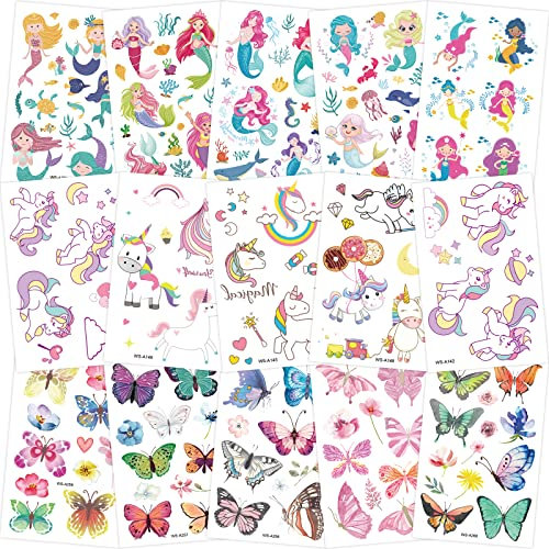 150+ Tattoo Kinder Mädchen, Schmetterling + Einhorn + Meerjungfrau Tattoo Sticker Hautfreundlich, Mitgebsel Kindergeburtstag Gastgeschenke Kleinigkeiten Kleine Geschenke für Mädchen