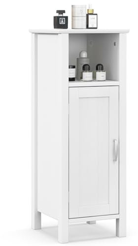 COSTWAY Bathroom Floor Cabinet, Freestanding Narrow Storage Cupboard with Single Door and Adjustable Shelf, Wooden Slim Bathroom Unit Side Cabinet for Living Room Hallway, 30x30x80cm (White)
