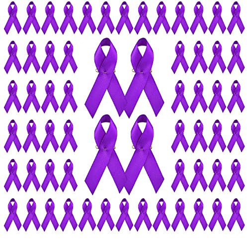 WANDIC Lot de 200 Broches avec Ruban en Satin et épingle à nourrice, pour Sensibilisation (Cancer du pancréas, maladie d’Alzheimer, Lupus, Violence Domestique), 7,5 cm, Violet