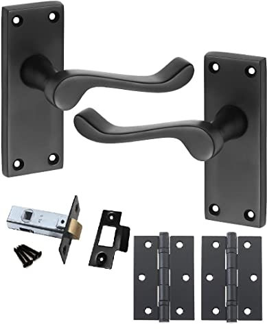 Golden Grace Victorian Scroll Door Handles Latch in Matt Black Finish with Black Ball Bearing Hinges & Latch Pack, 1 Set - 120mm x 40mm Backplate