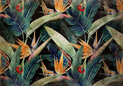 decomonkey Fototapete Natur 350x256 cm Design Tapete XXL Fototapeten Vlies Tapeten Vliestapete Wandtapete moderne Wand Schlafzimmer Wohnzimmer Blumen Pflanzen Blatt Grün Gelb Rot