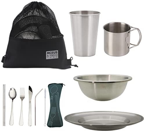 Compact Camping Mess Kit for 1 Person, Reusable Camping Dish Set, Polished 304 Stainless Steel Complete Camping Plates Cups and Bowls Set with Mesh Bag for Backpacking, Hiking