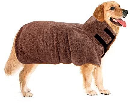 Hunde bademantel,hundehandtuch mittelgroße hunde,Super feuchtigkeit Schnelltrocknend Handtuch,Mikrofaser Handtuch, verstellbarer Kragen und Taillen-Hundetuch für große, mittlere Hunde (XL, Braun)