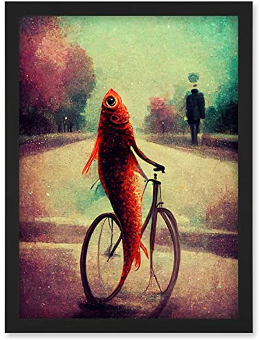 Doppelganger33 LTD Koi Fish With Bicycle Surrealism Purple Teal Park Dream Artwork Framed Wall Art Print A4