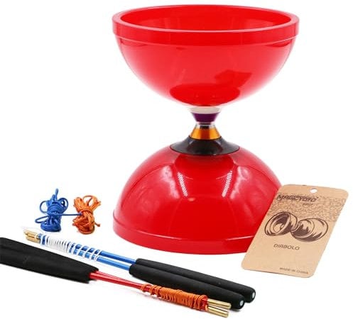 MAGICYOYO MD01 Profi Diabolo Groß mit Dreifach-Kugellagern für Kinder, Erwachsene, Jonglier-Set, Anfänger Diabolo Yoyo 15cm mit 4 Metallstäbe+ Tasche+ 4 Diabolos-Schnur, Rot