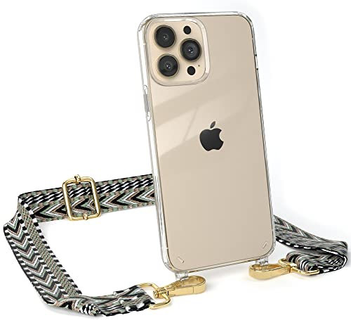 EAZY CASE Handykette - Verstellbarer Trageriemen kompatibel mit iPhone 13 Pro Max, Schulterriemen, schmales Band, Handykordel, Riemen für Handyketten, Grün/Schwarz - Metall Gold