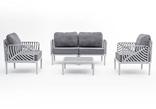 RATTATAN KENZIA Lounge-Set, Gartenmöbel-Set, großes Sofa, 2 Sessel, Kaffeetisch (Grau/Grau)