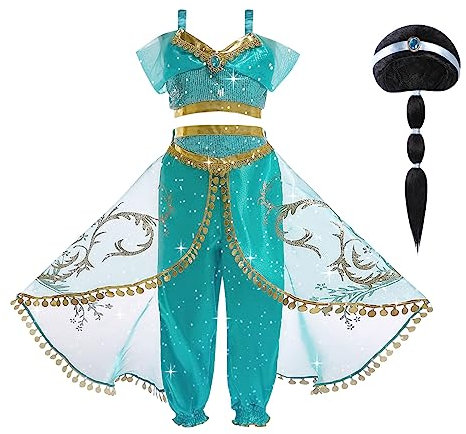 ACWOO Deguisement de Princesse Jasmine pour Enfants Filles, Costume de Princesse Jasmine avec Accessoires de Perruque, Filles Princesse Costume Habillage, Noël Halloween Anniversaire Fête Cosplay