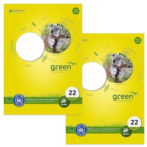 Staufen Green Arbeitsblätterblock - DIN A4, Lineatur 22 (5 mm kariert), 2 Blöcke je 50 Blatt, 4-fach Lochung, 80 g/m² Recyclingpapier