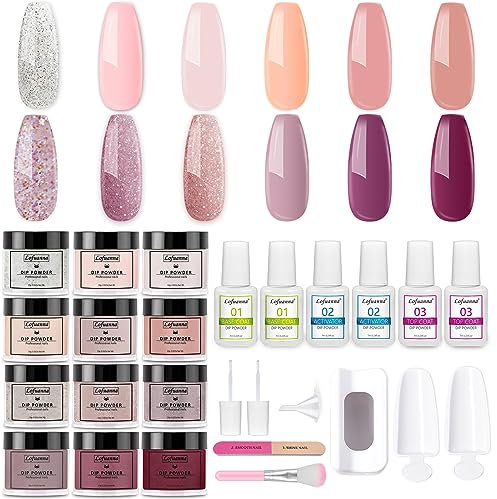 Lofuanna 24Pcs Dip Powder Nail Kit-12 Colors Nude Pink Purple Glitter Dipping Powder Starter Kit with Base Top Coat Activator,No UV/LED Needed,All-in-One DIY French Nail Art Manicure Set for Beginners