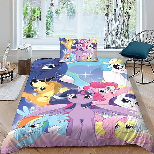GOOSMI Mein kleines Pony 3D Druck Bettbezüge Bettwäsche Set 2 Teilig Microfaser Animierte Zeichen Bettbezug Betten Set Mit Kissenbezug Und Reißverschluss Für Mädchen Junge Single(135x200cm)