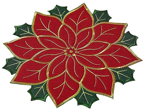 Tovagliette Natalizie Rotonde da 15,7 Pollici, Tovaglietta Ricamata Rosso Verde con Stella di Natale, Tovagliette Natalizie con Foglie Verdi, Runner da Tavola con Applicazioni Natalizie per Tavolo(A)