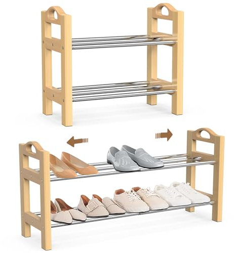 LEMIKKLE Schuhregal, 2-lagiges erweiterbares schuhschrank aus Holz, kleines Schuhregal schmal für Enge Räume, Garage, Schlafzimmer, Garderob, Shoe Rack