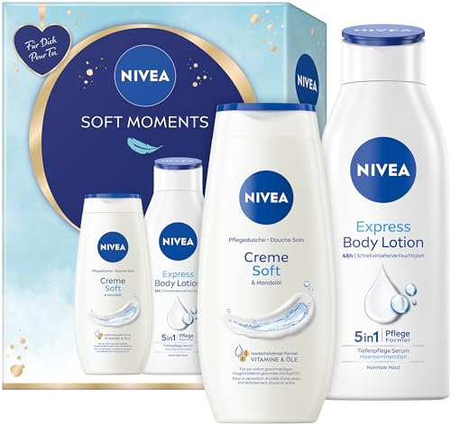 NIVEA Soft Moments Geschenkset, Pflegeset mit feuchtigkeitsspendenden Pflegeprodukten, Geschenkbox mit Pflegedusche und Express Body Lotion