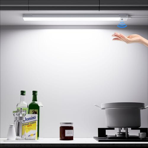 TOPPLEE Luz LED Armario, 41 CM Luz LED Cocina Bajo Mueble con Sensor sin Contacto, 6000K Blanco Frio Regulable Luz de Armario con Enchufe, Barra Luz Armario para Cocina, Armario, Estudio, Estantes
