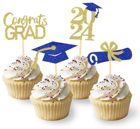 24 Stück Glitzer 2025 Graduation Cupcake Toppers, Abschlussfeier Cupcake toppers, Bachelor Hut Deko, Abschluss Deko für Graduation Abschlussparty Dekoration (blau & gold)