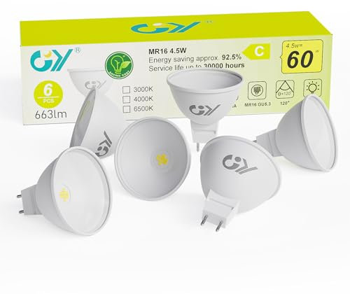 GY MR16 LED Bulbs Warm White 3000K Light Bulbs, GU5.3 Energy Saving LED Bulbs 4.5W 663 Lumen Replaces 60W Halogen Lamp, 120°Beam Angle,Non-Dimmable,6 Pack.