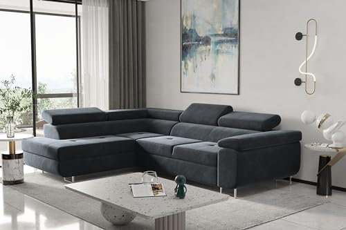 Kaiser Möbel, Ecksofa mit schlaffunktion, mit Bettkasten, Schlafsofa Atom Lux, Designer Sofa, Modern Design Couch, Polsterecke, Freistehend, Stoff Monolith Klasse A, Antrazite Links