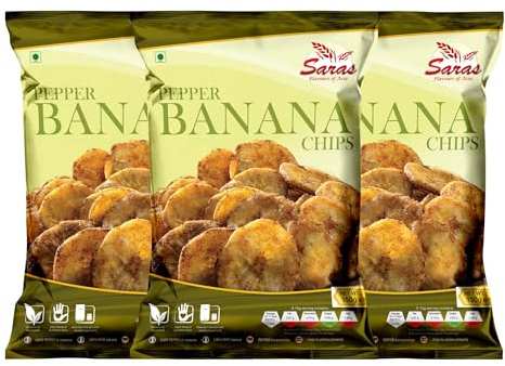 Saras Pepper Banana Chips 200g (Pack of 3) | Spiced to Perfection South Indian Snack | Crispy Delight with Authentic Flavour