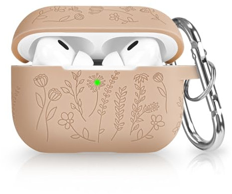 Newseego Flower Carving Case Compatible with Airpods Pro 2nd Generation Cover, Cute Pattern Soft Silicone [Front LED Visible] Shockproof Protective Airpods Pro 2 Case with Carabiner - Khaki