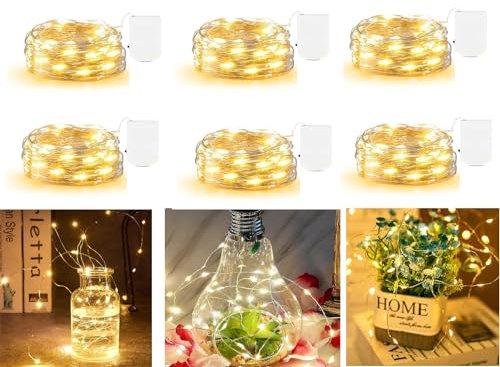 6 Pack Battery Fairy Lights - 2m Copper Wire, 20 LEDs Warm White | Indoor Outdoor Flexible Mini Lights for Jars, Bottles, Bedroom, Wedding Decor | Energy Class A