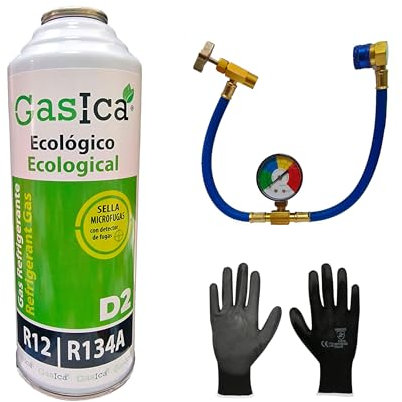 D2 226g. Kit Completo Recarga A/A (Botella. + Racor con Grifo + Guantes de Protección) Refrigerante Orgánico Ecológico Sustituto del R12 y R134A para Recarga de Aire Acondicionado Coches