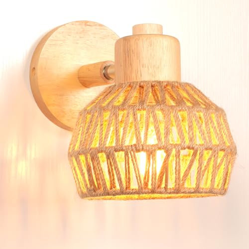iDEGU Wandleuchte Innen Retro Wandlampe aus Holz Hanfseil Halbkreis Lampenschirm Vintage E27 Verstellbare Wandspot Industrie Lampe für Schlafzimmer Wohnzimmer Flur Esszimmer Café (15cm)